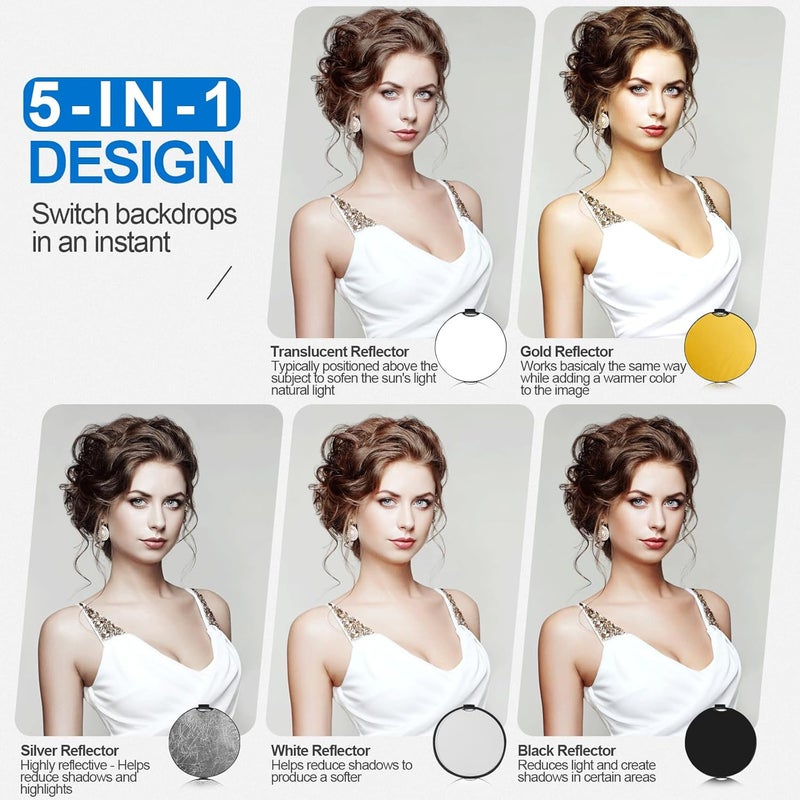 Wellmaking 32 Inch (80cm) Reflector Photography, Collapsible Light Reflector with Threaded Handle & tilt Adapter, 5 in 1 Handle Reflector for Lighting -Translucent, Silver, Gold, White and Black - Image 2